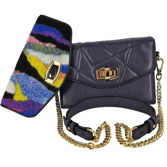 LE SAUNDA BLACK QUILTED VEGAN LEATHER CROSSBODY BAG W/ CONVERTABLE FLAPS 8" x 6" - Picture 1 of 14